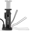 A close-up of a black bicycle pump with a white handle. Produktbild-Vorschau