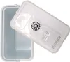 The image shows the inside of a white mini cooler box with its lid open, revealing the cooling mechanism and a label on the underside of the lid. Produktbild-Vorschau