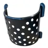 A black metal feed basket with holes, mounted on a white background. Anteprima dell’immagine prodotto