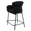 A black upholstered bar stool with armrests and a metal frame, shown against a white background. Produktbild-Vorschau
