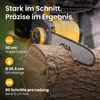 A chainsaw cutting a log, with text overlays detailing product features. Produktbild-Vorschau