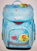 A light blue children's backpack with a star pattern and cartoon characters. Produktbild-Vorschau