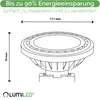 A diagram showing the dimensions of a LUMILED LED light bulb. Produktbild-Vorschau