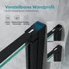 Close-up of a black shower door frame with glass panels, showing adjustable wall profile features with arrows indicating movement and a measurement range. Produktbild-Vorschau