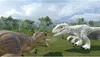 Two Lego dinosaurs, a brown Tyrannosaurus Rex and a white Indominus Rex, facing each other in a grassy field with trees and a cloudy sky in the background. Produktbild-Vorschau