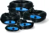 Several coiled black cables with blue connectors and plugs are arranged on a white background. Náhľad obrázku produktu