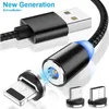 A close-up marketing image of a magnetic charging cable with interchangeable USB-C, Lightning, and Micro USB connectors. Produktbild-Vorschau