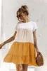 ASKSA Damen Kurzarm Kleid Colorblock Rüschen Rundhals Produktbild-Vorschau 4