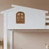 Close-up of the top part of a white bunk bed with a house-shaped design, featuring a small arched window with brown trim. Náhled obrázku produktu