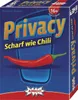 The image shows the front and side of a board game box. The box is predominantly blue with red accents at the bottom. The game title 'Privacy' is prominently displayed in large orange letters. A red chili pepper is depicted across the front of the box, and Produktbild-Vorschau