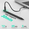 A stylus pen is shown charging via a USB-C cable connected to a laptop. Text highlights its charging speed and battery life. Produktbild-Vorschau