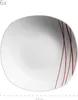 A single white plate with red and grey abstract lines on the right side, shown from a slightly elevated angle. Produktbild-Vorschau