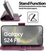 A flip case for a Samsung Galaxy S24 FE phone, shown open and closed, with a graphic illustrating its stand function. Anteprima dell’immagine prodotto