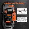 Diagram showing the installation of an air compressor system in a car, powered by a 12V battery. Náhled obrázku produktu