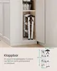 A folded step stool is shown inside a cabinet, with a diagram showing its dimensions. Produktbild-Vorschau