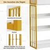 Close-up views of a white and gold bookshelf, highlighting its features and materials. Podgląd zdjęcia produktu