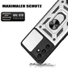 A close-up, angled view of a phone case with a ring holder, set against a white background. Text overlays highlight features. Produktbild-Vorschau
