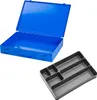 A blue metal toolbox and a gray organizer tray are shown against a white background. Produktbild-Vorschau