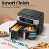 A dual-basket air fryer is shown with food inside, alongside text describing its features and cooking parameters. Produktbild-Vorschau