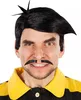 A man wearing a costume wig and mustache, smiling and looking at the camera. Produktbild-Vorschau