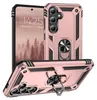 A rose gold phone case with a ring stand is displayed from multiple angles, showing a phone screen with a forest image and time. Produktbild-Vorschau