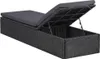A black rattan sun lounger with a dark gray cushion, shown with the storage compartment open. Produktbild-Vorschau