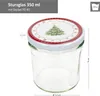 A clear studio shot of a glass jar with a decorative lid, showing dimensions. Produktbild-Vorschau