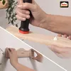 A collage showing a person applying adhesive from a dispenser to a piece of wood, and another person attaching a wooden hook to a wall. Produktbild-Vorschau