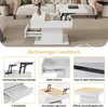 A white lift-top coffee table is shown in a living room setting, with close-up shots highlighting its features. Produktbild-Vorschau