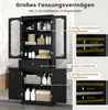 A black bathroom cabinet is shown with its doors open, displaying its interior shelves and drawers. Text overlays describe features and dimensions. Voir les images du produit