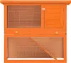 An orange wooden rabbit hutch with two levels and wire mesh fronts. Produktbild-Vorschau