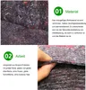 A close-up of a grey felt material with red and black fibers, with a hand holding it to show its thickness and texture. Text overlays describe the material and its properties. Produktbild-Vorschau