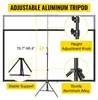 Diagram showing features of an adjustable aluminum tripod for a projector screen. Produktbild-Vorschau