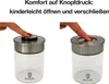 Two identical glass jars with metal lids, each being pressed by a finger. The jars have a logo at the bottom. Produktbild-Vorschau