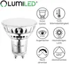 A product image of a GU10 LED lamp with accompanying feature icons and text. Produktbild-Vorschau