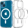 Two iPhone cases are shown side-by-side against a white background. The case on the left is blue and shows the back of an iPhone with the Apple logo. The case on the right is clear and shows the inside of the case with magnetic rings for MagSafe. Produktbild-Vorschau