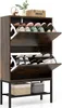A multi-tiered shoe rack with two flip-down drawers, displaying various shoes and decorative items on top. Podgląd zdjęcia produktu