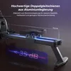 Close-up of a rowing machine's sliding seat and rail, with text highlighting its features and specifications. Produktbild-Vorschau