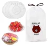 A collage of images showing food items covered with plastic wrap, a stack of plastic covers, and a drawstring bag with a cartoon bear illustration. Produktbild-Vorschau