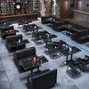 Interior of a modern restaurant or cafe with black booth seating and tables. Anteprima dell’immagine prodotto