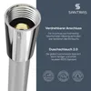 Close-up of a shower hose connector with marketing text and icons. Produktbild-Vorschau