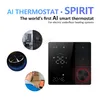 Collage of images showing a smart thermostat, a close-up of a dial, a person using a smartphone, and a room with a thermostat. Náhled obrázku produktu