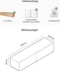 An image showing the contents of a delivery package and dimensions of a TV board. Produktbild-Vorschau