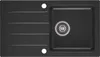 A top-down view of a black granite kitchen sink with a drain and two pre-drilled holes. Produktbild-Vorschau