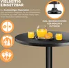 A round black table with a pitcher and glasses of orange juice, and oranges on a tray. Icons are shown on the left side of the image. Produktbild-Vorschau