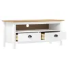A white TV stand with a wooden top and two drawers, shown against a white background. Náhľad obrázku produktu