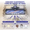 An image showing a vacuum cleaner head and its cleaning capabilities on different surfaces, with text and icons detailing its performance and what it can clean. Voir les images du produit