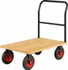 A four-wheeled wooden platform trolley with a black handle, shown against a white background. Voir les images du produit