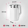 A white electric kettle with silver accents is shown on a light gray background, with dimensions and specifications indicated by dotted lines and text. Voir les images du produit