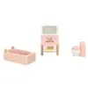 A set of dollhouse bathroom furniture including a bathtub, sink vanity, and toilet, all in pink and white. Podgląd zdjęcia produktu